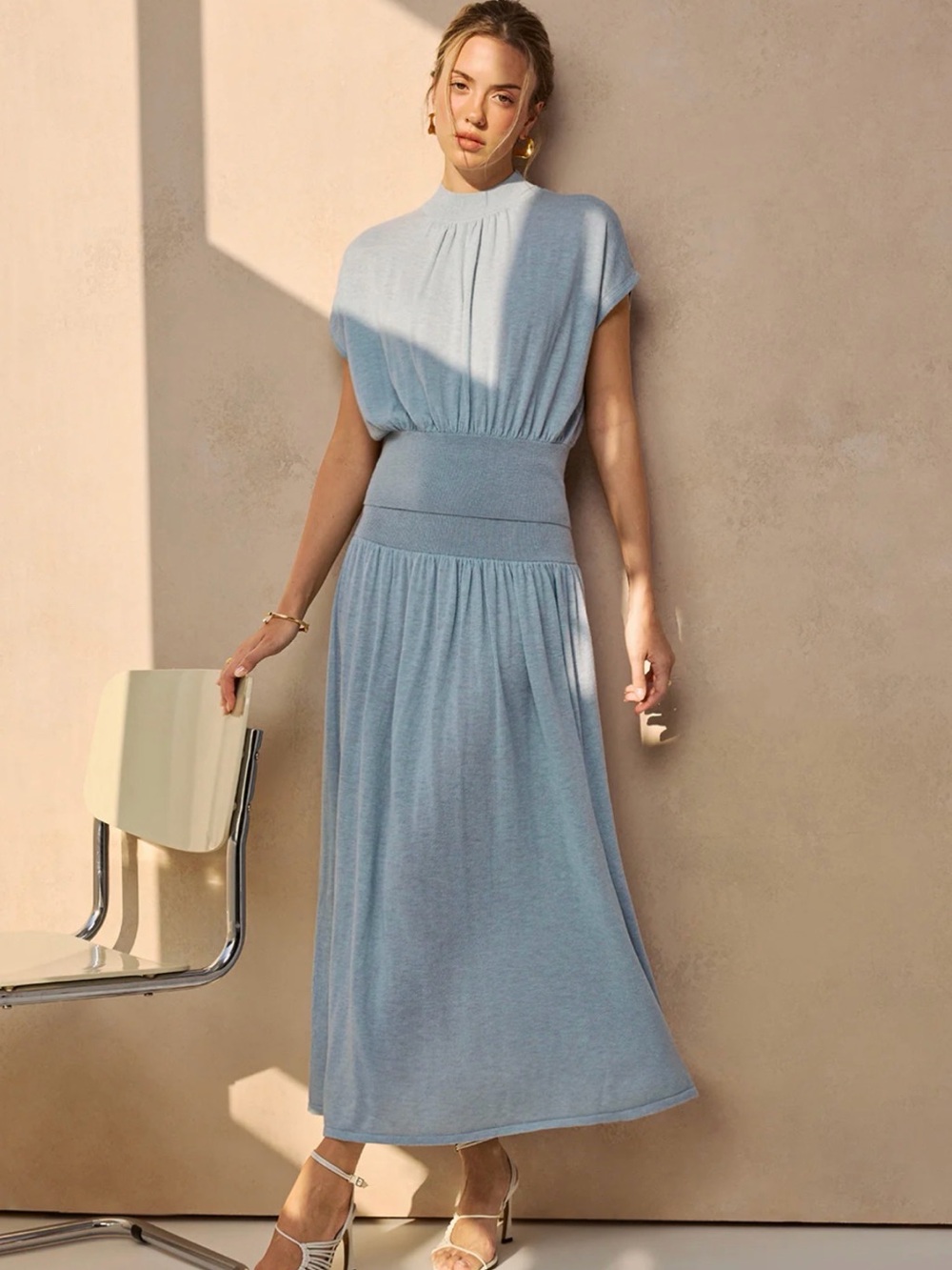 Commense Semi-Sheer Wool-Blend Clinched Top & Midi Skirt Set